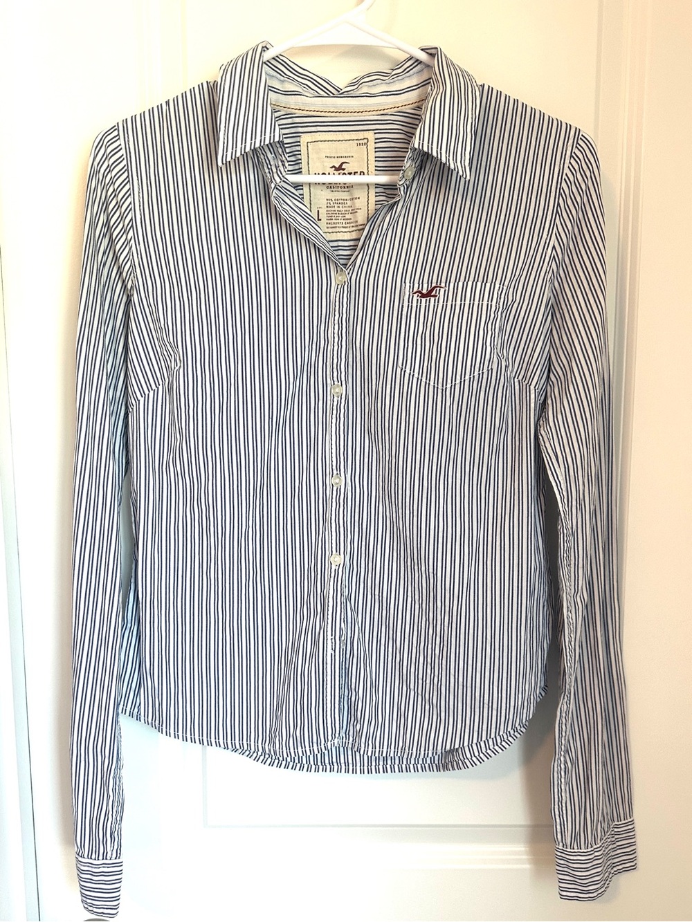 Women's Hollister Blue White Striped Button Up Shirt Size L Y2K Preppy Top
